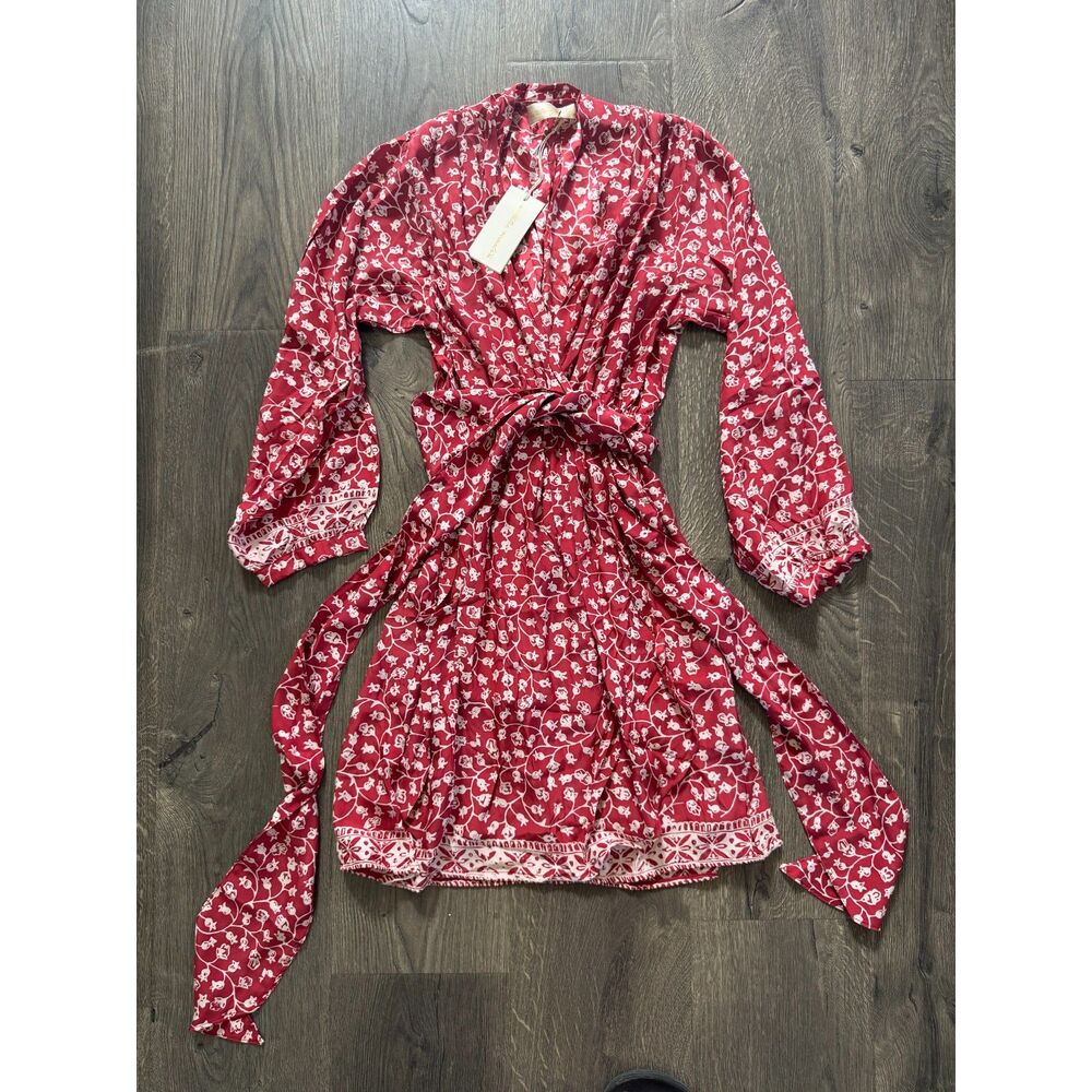 NEW Natalie Martin 100% Silk Nico Dress Long Sleeve Mini w/Sash Red White XS NWT